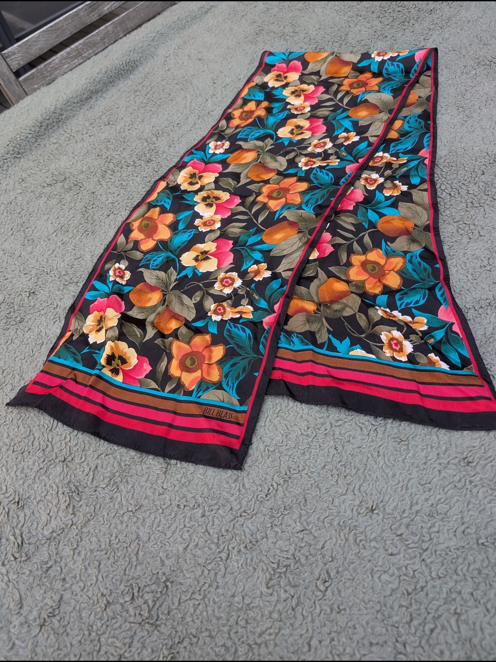 Bill Blass Black Silk Scarf with Orange, Teal & Pink Floral Motif
